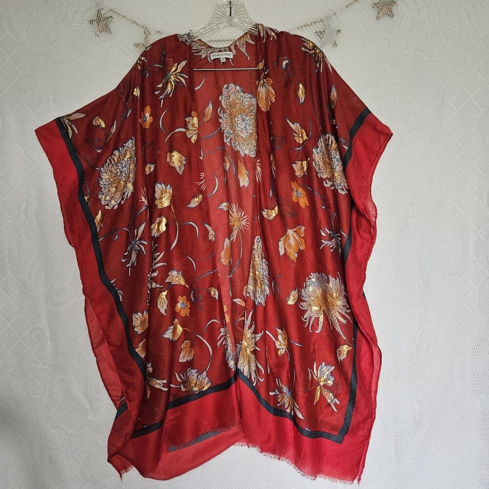 Womens One Size Open Front Floral Red Mettalic Gold Large Floral Kimono Raw Hem